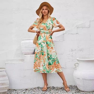 Women Spring Floral Print V-Neck Short Sleeve Dress Summer Casual A-Line High Waist Middle Long Dresses S-XL
