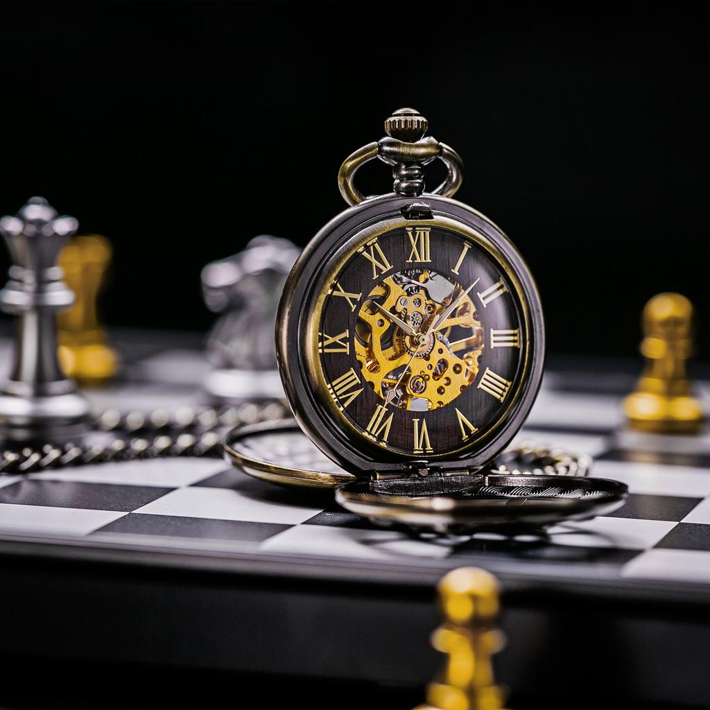 TREEWETO Bronze Double Cover Roman Numeral Dial Skeleton Pocket Watch for Men and Women