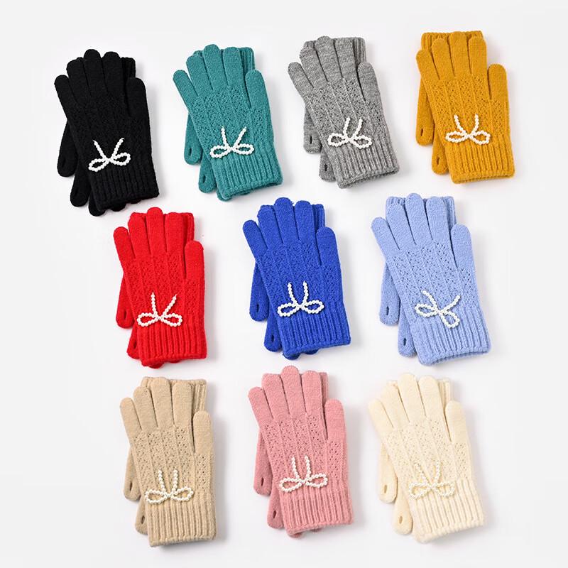 Women's Winter Knitted Touchscreen Gloves with Bow & Pearl