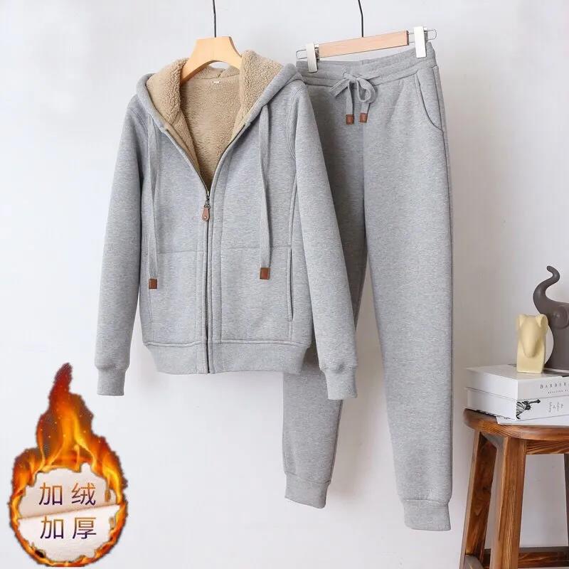 Fleece thickened casual suit women's winter simple solid color sports thin long sleeve hooded short jacket sweatpants