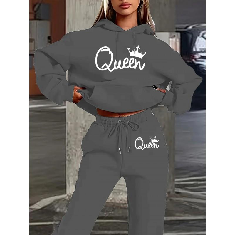 Womens Casual Hooded Sweatshirt Loose Pants Set With Letter Print Winter Wear
