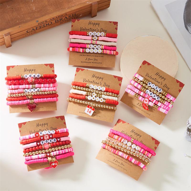 Love Heart Soft Clay Bracelets Set For Women With Pink Acrylic Letter Beads Hand Jewelry Gift