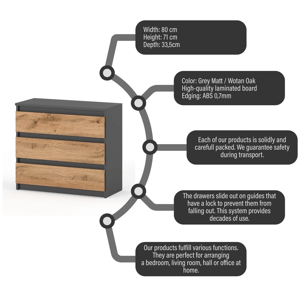 Chest of Drawers TV Cabinet 80cm 3S Gray Oak Wotan Loft Living Room Furniture