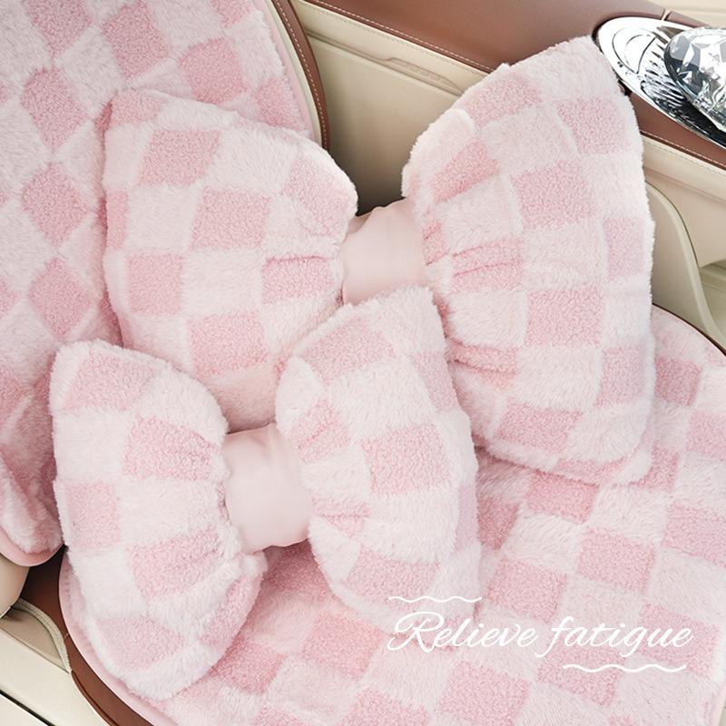 1pc Cute Bow Car Neck Pillow Cartoon Design  Plush Car Headrest Simple Cute Interior Accessories Creative Gift for Girls