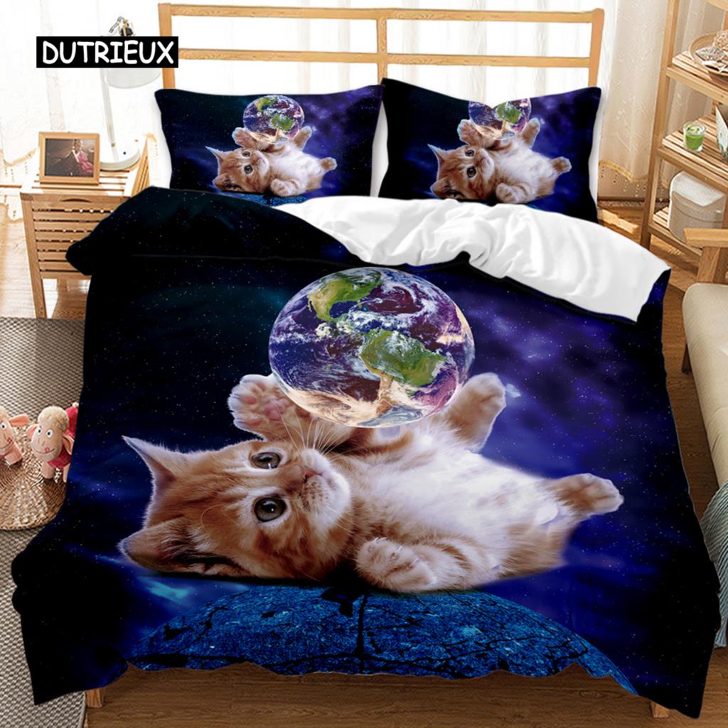 Cat Duvet Cover Set Lying Blue Cat Twin Bedding Set Kids Cute Kitten Comforter Cover Autumn Maple Leaves Polyester Quilt Cover Tool