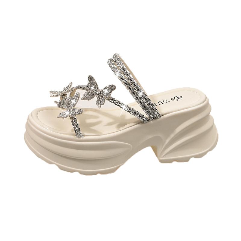 Fashion NEW Casual 7CM Wedge Slippers Women Summer Crystal Butterfly Platform Sandals Woman Open Toe Comfortable Female Chunky Shoes