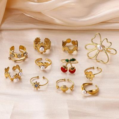 New Design Gold Color Anillos Party Stainless Steel Waterproof Rings For Women Geometric Flower Shell Ring Jewelry Gift