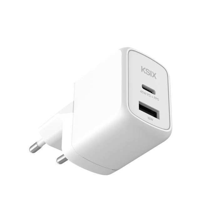 Chargeur secteur rapide 45W - KSIX smart your tech - Technologie GaN - Power Delivery 3.0 - PPS - USB-C + USB-A