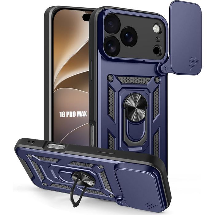 Coque pour iPhone 18 Pro Max, Rigide avec Anneau et Protection Objectif Coulissante - Bleu Marine