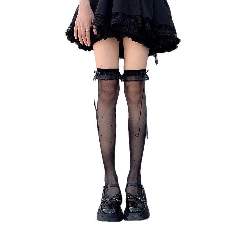 Women's Summer Lace Trim Over-the-Knee Black Stockings - Sexy Slim JK Calf Socks
