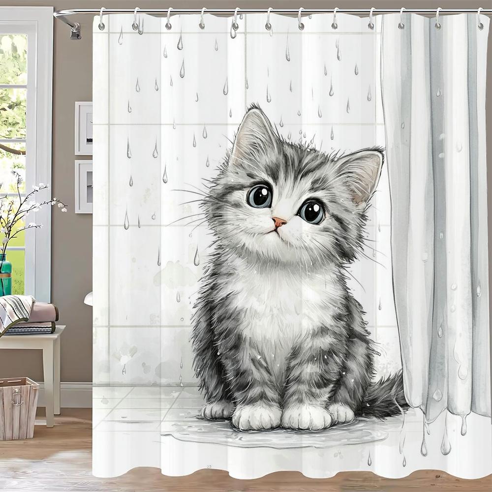 Cute Cartoon Cat And Dog Shower Curtain, Bathroom Decorative Curtain, Printed Shower Curtain, Home Decoration Curtain With Hooks