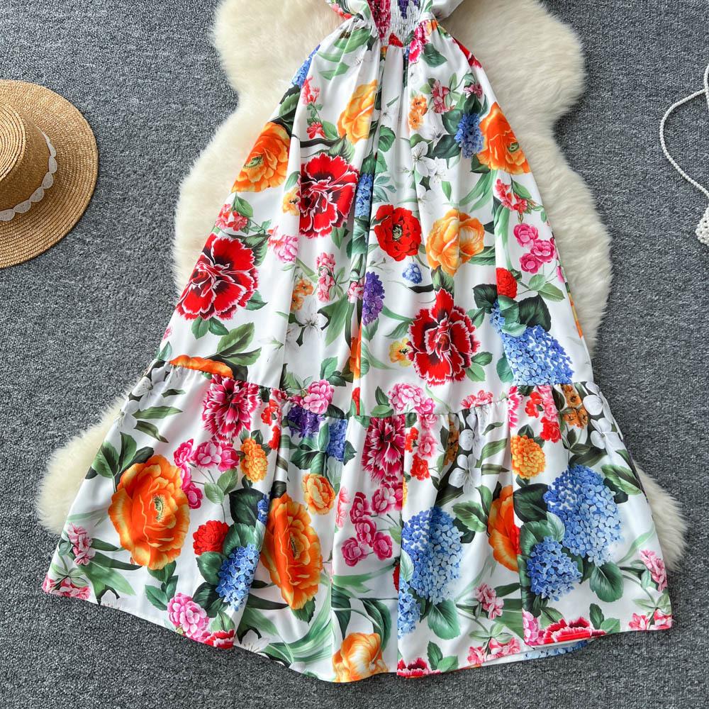 Retro court style printing suspender dress women's summer waist slim senior sense celebrity temperament big swing dress