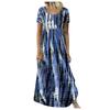 Women's Casual Loose Round Neck Short Sleeve Tie- Printed Long Hem Dress
