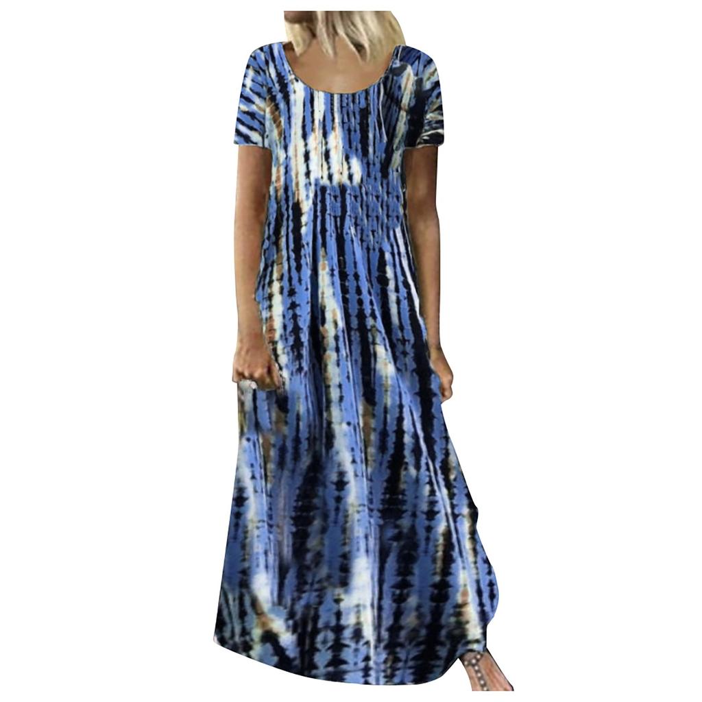 Women's Casual Loose Round Neck Short Sleeve Tie- Printed Long Hem Dress