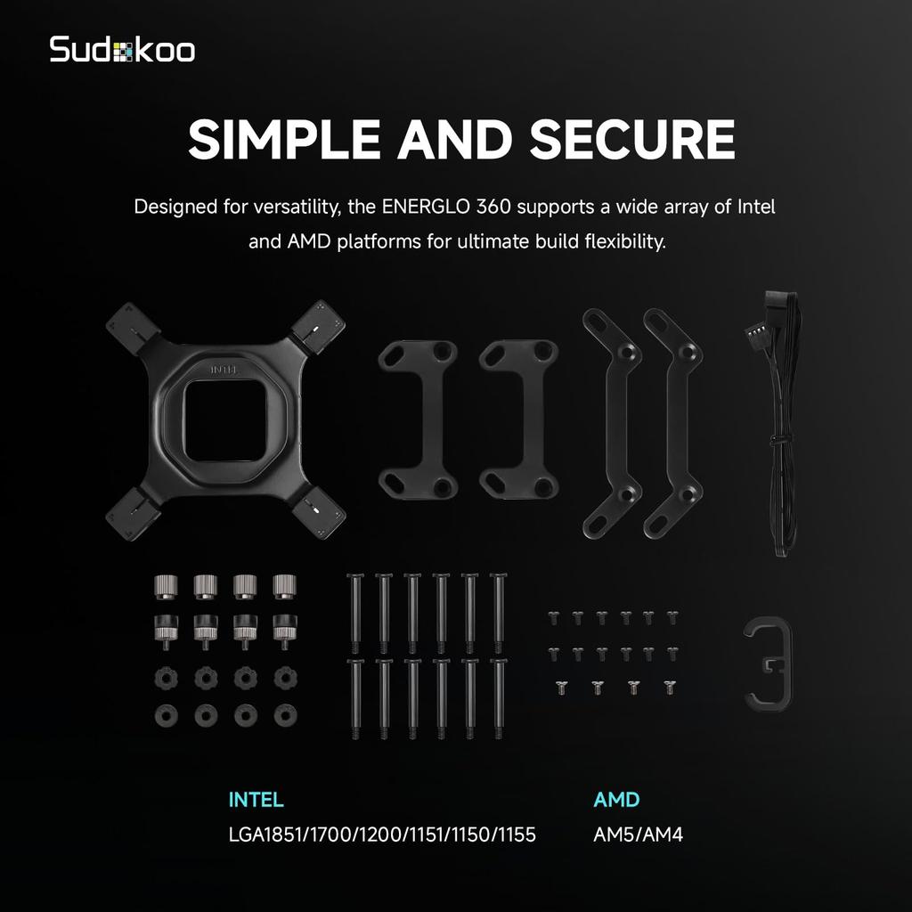 Sudokoo ENERGLO 360 Liquid Cooler: 360mm AIO CPU Cooler with Data Display & PWM Pump - 3 x 120mm Black Water Cooling Units, Compatible with Intel LGA