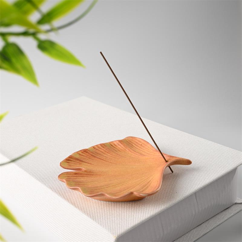 Ceramic Ginkgo Leaf Incense Holder for Sandalwood, Coil, and Line Incense - Indoor Tray and Decorative Plate.