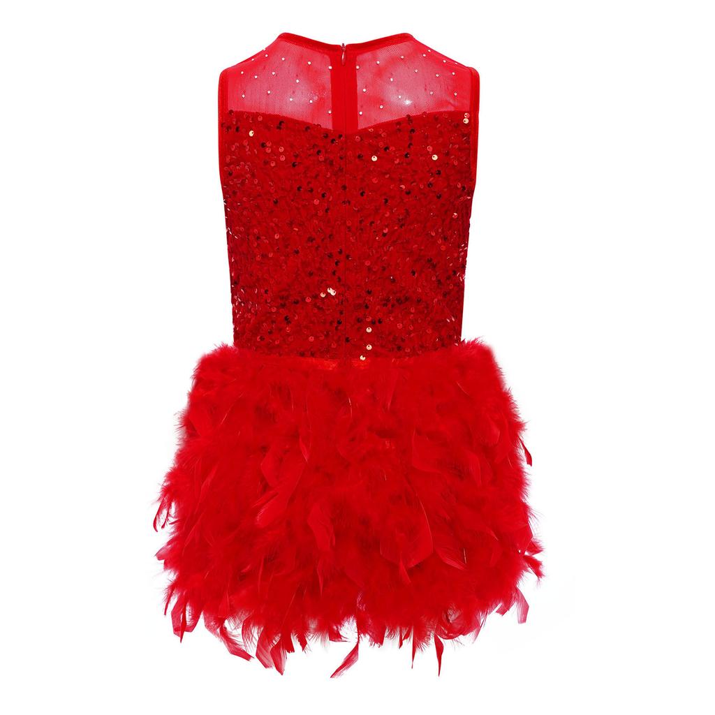 Robe de spectacle de danse pour filles Sans manches Fermeture éclair invisible au dos Patchwork en maille transparente Sequins brillants Plume Velours Robe