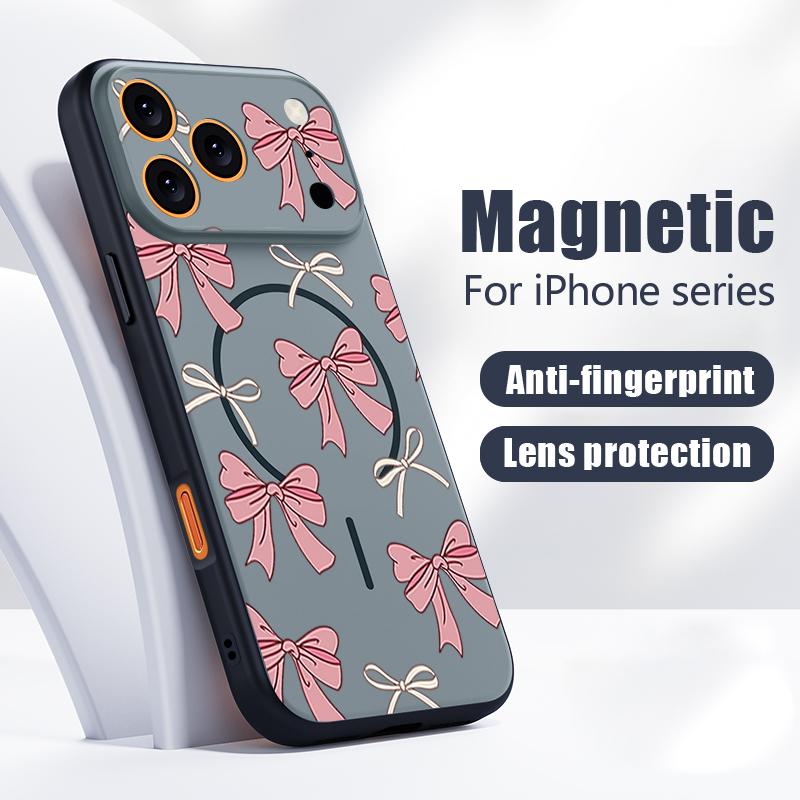 Magnético Para Magsafe Funda Para iPhone 17 Pro Max Patrón de Lazos Rosas Cubierta con Sensación de Piel Para iPhone 16 15 14 13 Pro Max