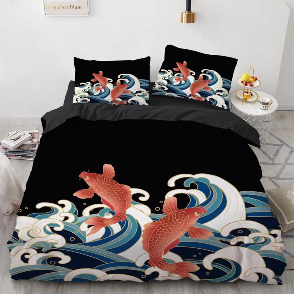 Wave Duvet Cover Hokusai Pattern Japanese Ukiyoe Quilt Cover Oriental Sketch Style Ocean Polyester For Children Women Room Decor