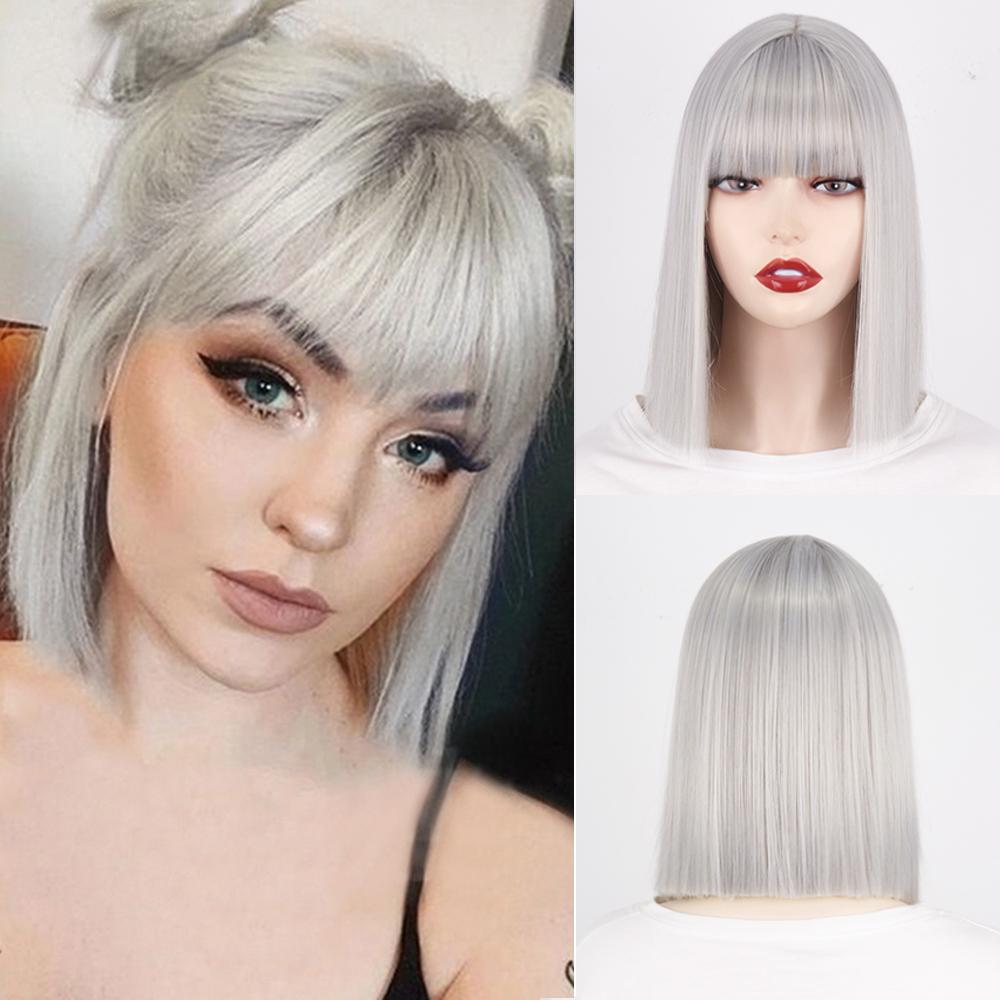 MISS WIG Short Bob Synthetic Wigs with Bangs for Women Wigs Blonde Black Blue Fiber Natural Hair for Lolita Cosplay Party Daily Use