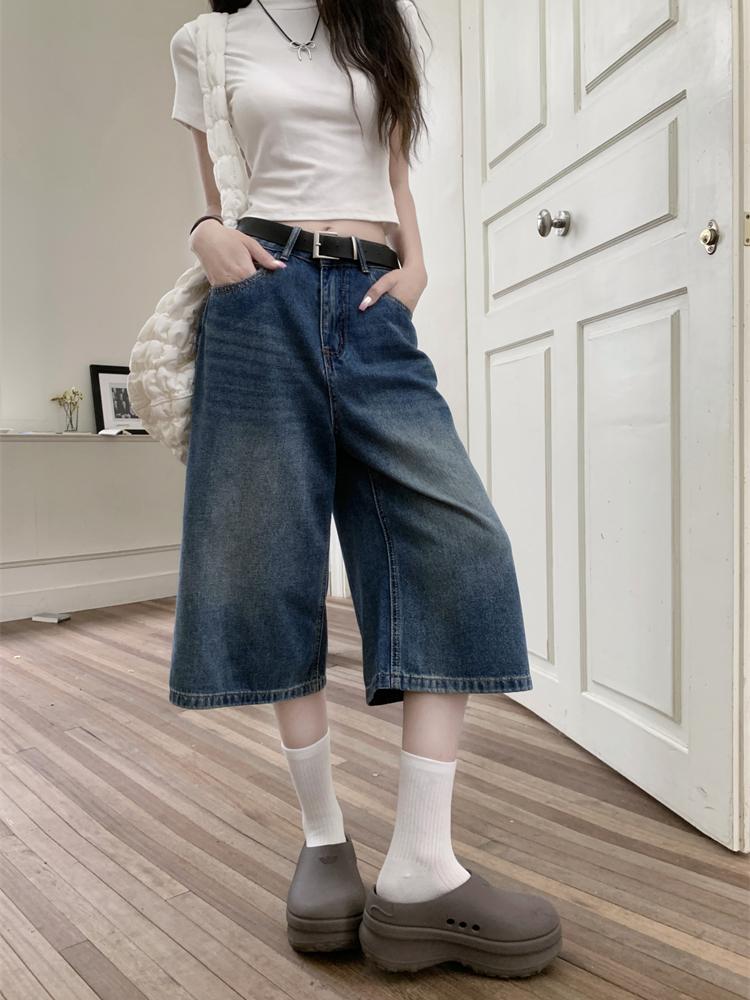 Amerikanische Retro-Jeans Vintage Y2k Baggy Jorts Damen Sommer Hohe Taille Koreanische Streetwear Knielange Jeans mit weitem Bein Harajuku Casual Denim Shorts