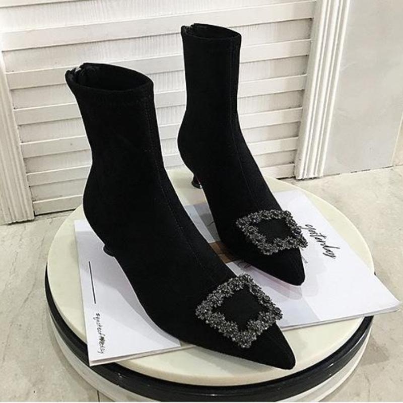 Ankle Boots Women Boots Women Shoes Woman Fashion High-heeled Pointed Flock Spring Autumn Rhinestone Short Boots