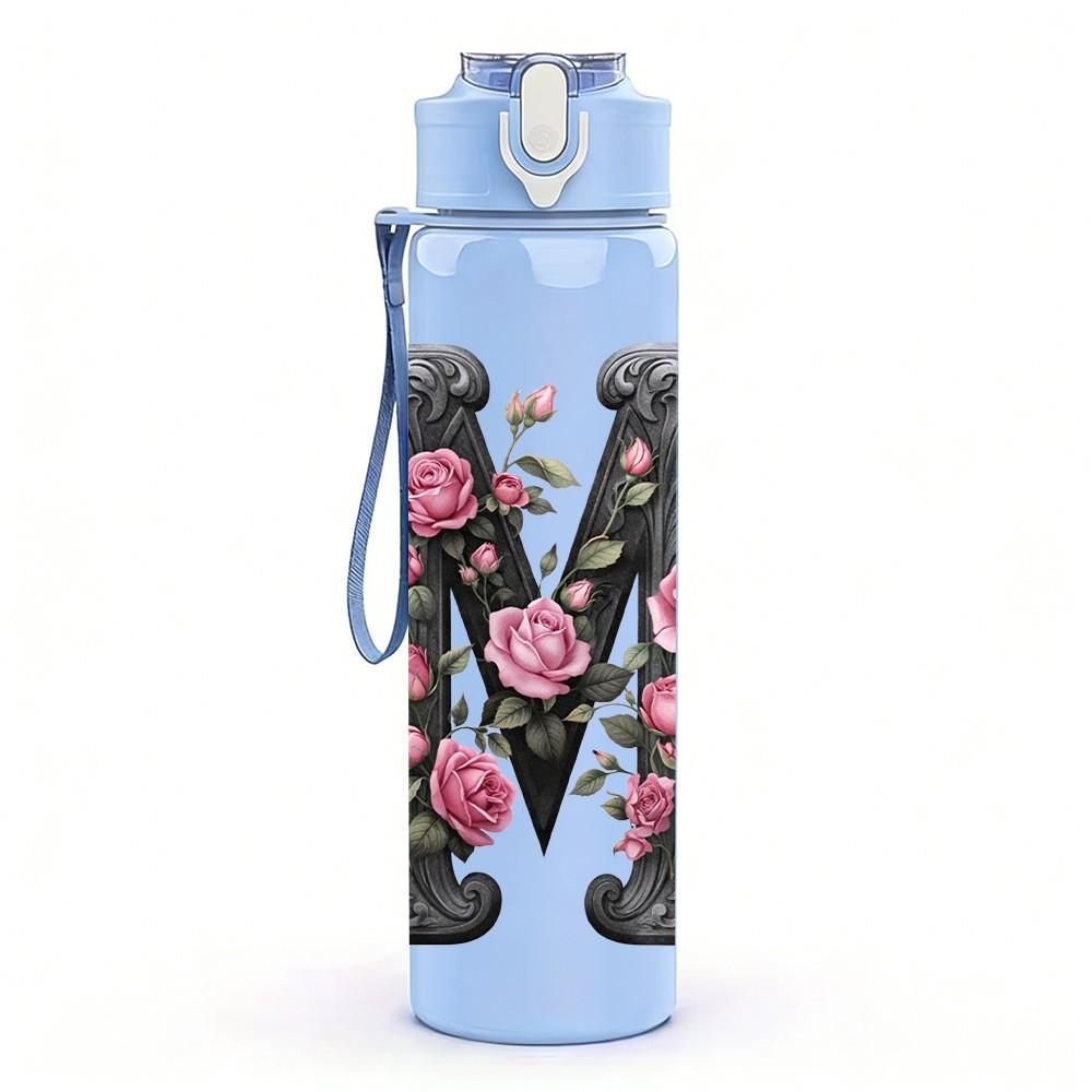 1PC Letter M Rose Flower Floral Monogram 750ml Color Plastic Sports Water Bottle Leakproof Flip Straw Lid Suitable for Sports Office Home Use