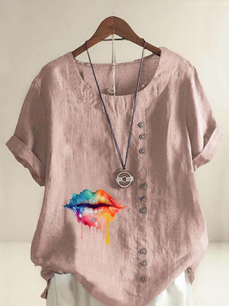 Women s Fashion Colorful Lips Print Shot Sleeve T-shirt Loose Cotton Shirt Casual Loose Summer Blouse Tops Plus Size S розовый