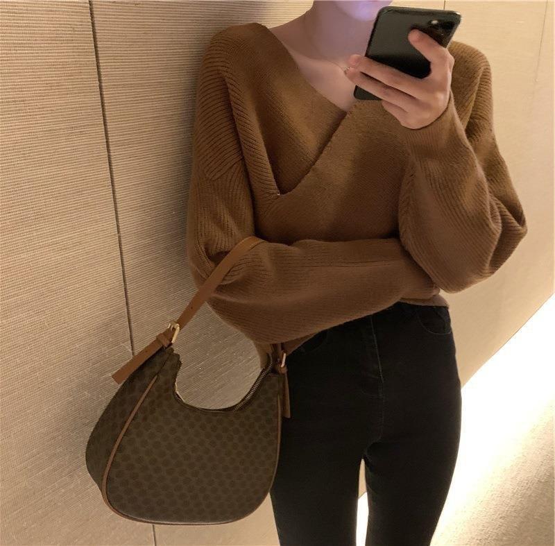 Women's Korean Style Cross V-Neck Sweater - Plain Color, Loose Design, Long Sleeve Knitwear for Autumn/Winter 2026.