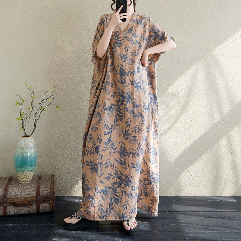 Summer Loose V-neck Cotton Linen Beach Dress