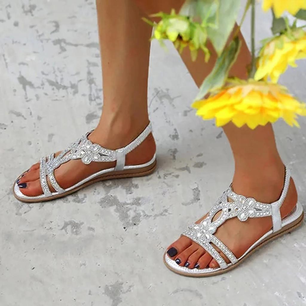 Strass Sandalen Voor Dames Met Elastische Enkelband Boheemse Strand Schoenen Mode Kristal Bloem Casual Open Teen Schoenen