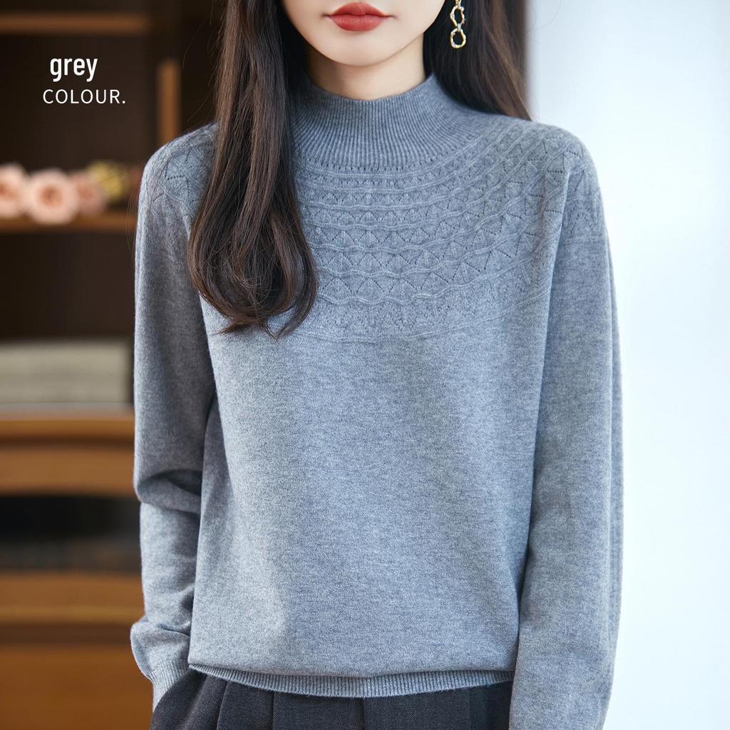 Women's Seamless Half-Openwork Knit Sweater - 2025 Autumn/Winter Collection, One-Piece Base Layer with Half-High Collar