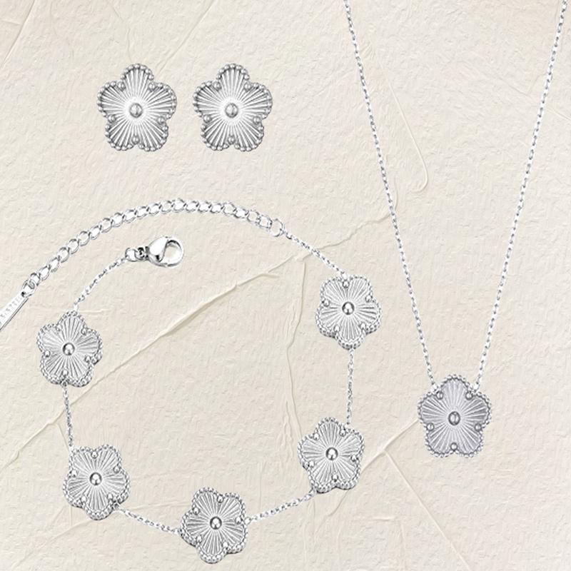 Luxury Zircon Set for Women copper Color Chain Stainless Steel Double Sided Five Leaf Flower Necklace Earrings Bracelet Clover