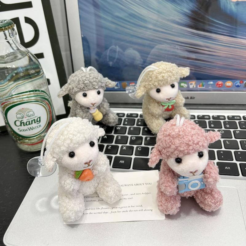 Cute Soft Plush Sheep Keychain Fluffy Straw Hat Plaid Bow 1Pcs Portable Key Ornament for Travel Backpack Decor