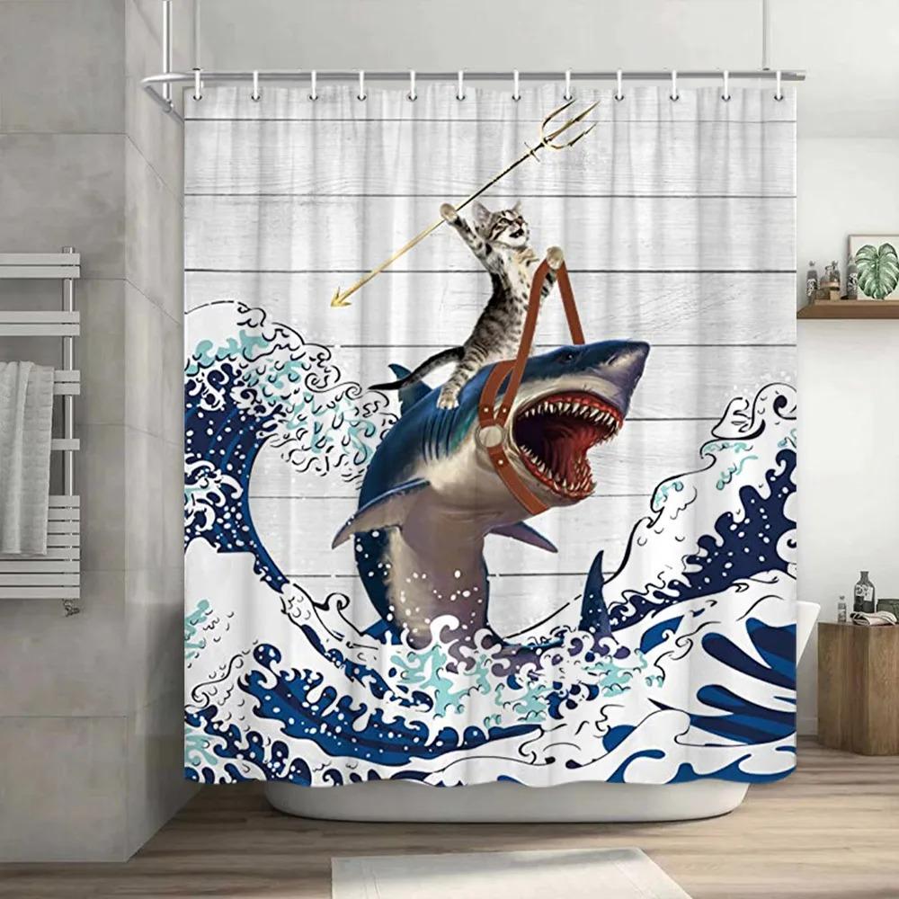 Lustiger Katzen-Duschvorhang Coole Dinosaurier-Dino Japanisches Meer Ozeanwelle für Kinder Jungen Rustikaler Holz-Bauernhaus-Badevorhang