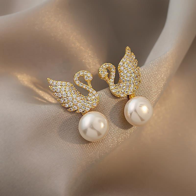 925 Silver Needle Temperament High-end Full Diamond Pearl Earrings Women's ins Wind Geometric Earrings Korean Light Luxury Earrings