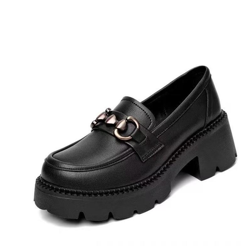 Women's Shoes Soft Leather Autumn New Versatile Small Leather Shoes Thick Sole Height Increase One Pedal Single Shoes