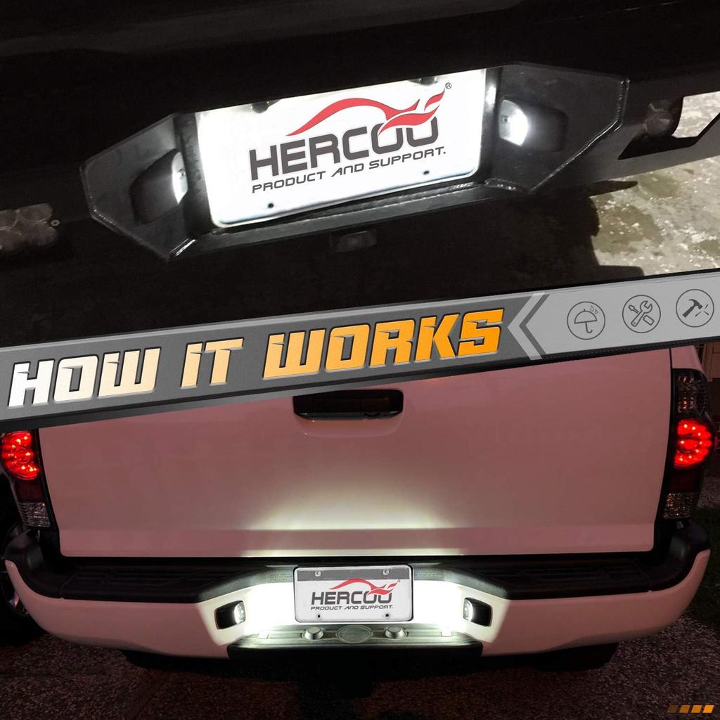 HERCOO LED License Plate Light Lamp Lens White Bulbs Black Truck Rear Housing Compatible With 2005-2015 Tacoma 2002-2013 Tundra Pickup Truck Rear