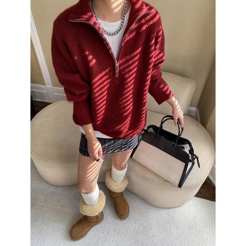 

Синан Ретро Блоггер свитер с полумолнией SN6925: Стильный, Свободный, Теплый, Мягкий One Size красный