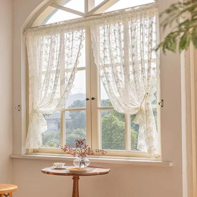 Floral Embroidery Sheer Curtain Beige Window Shade Romantic Doorway Drape  Household