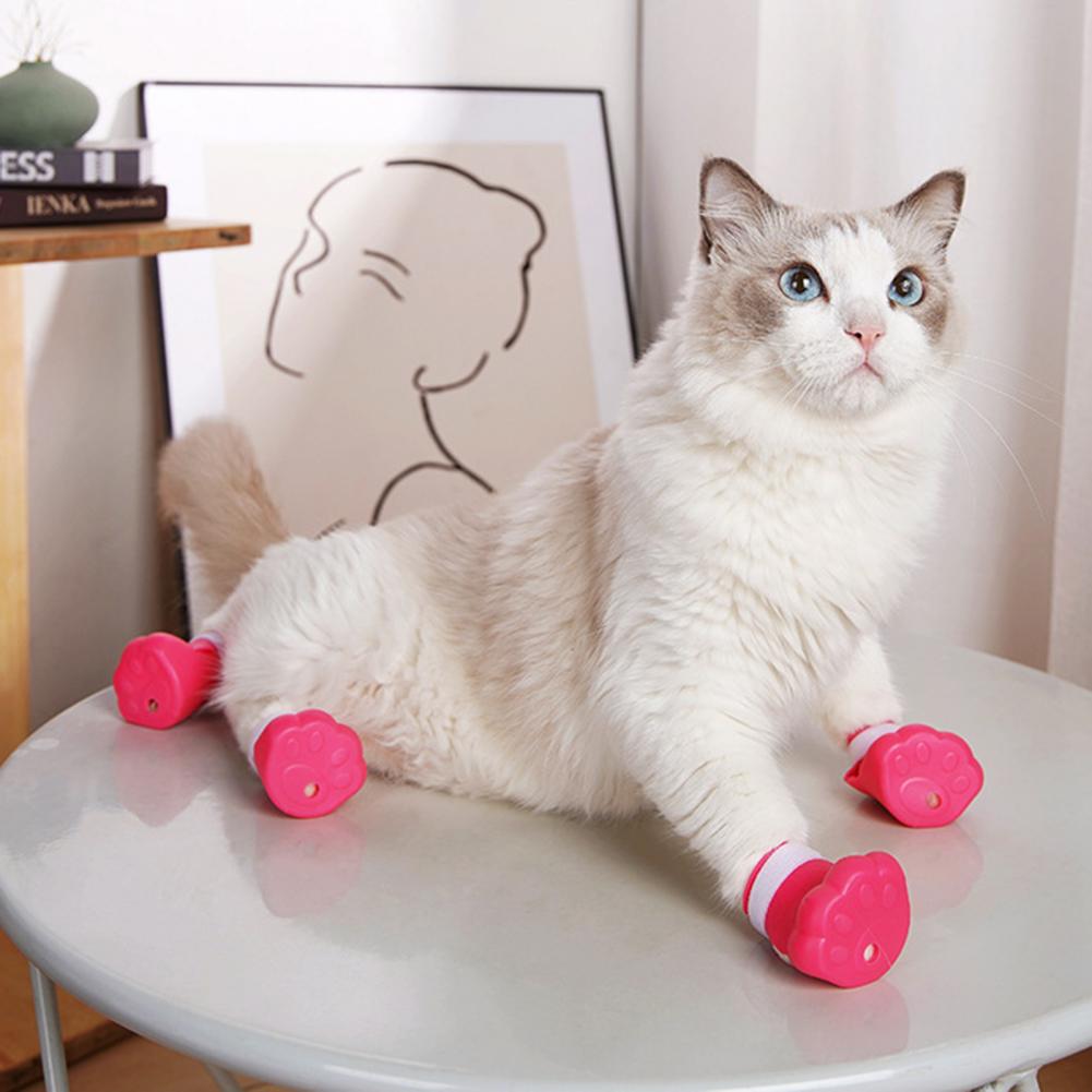 4 Piezas Cubiertas para Garras de Gato Cinta de Sujeción Anticaída Exquisitas Antiarañazos Gato Mascota Gatito Cubiertas para Uñas de Patas Bota Suministros para Mascotas