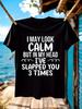 Casual Cotton T-shirt with Sassy Quote Print - Black Short Sleeve Crew Neck