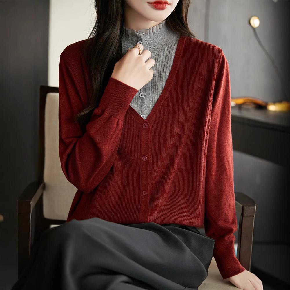 

Chinese Style Color Block Two-Piece Knit Pullover: Slim Fit Half High Neck Women s Sweater L (Suitable for 110-130 jin)