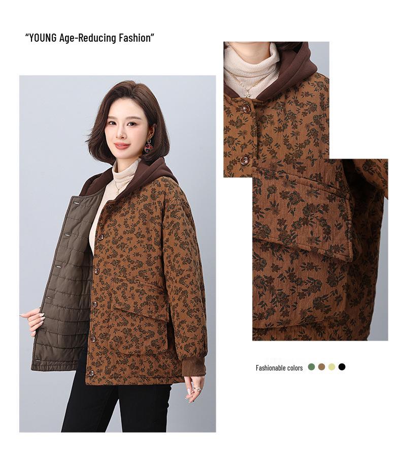 2024 Women's Retro Print Cotton Jacket - Winter Style, Plus Size, Loose Fit, for Middle-Aged and Elderly Moms