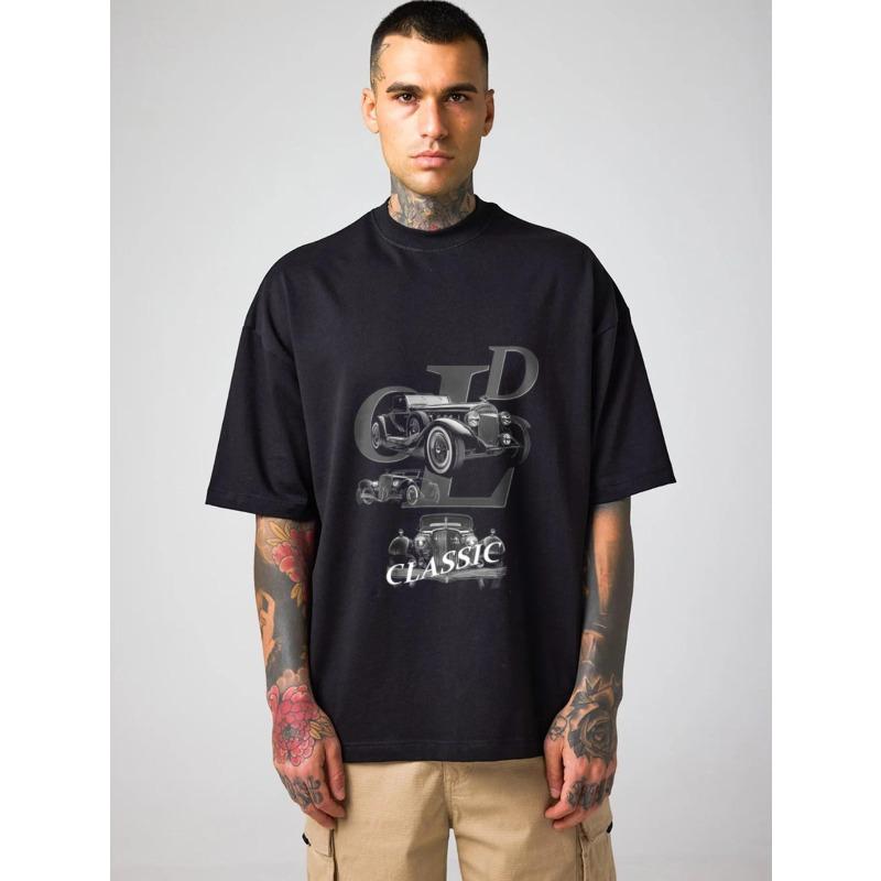 Oversized T-Shirt Black Classic Car Graphic Print Men's Casual Streetwear Top