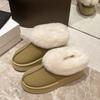 Novas botas de neve femininas da moda 2024, térmicas, forradas com pelúcia, peludas, versáteis, de camurça, cano baixo, bico redondo, quentes, botas escolares de inverno