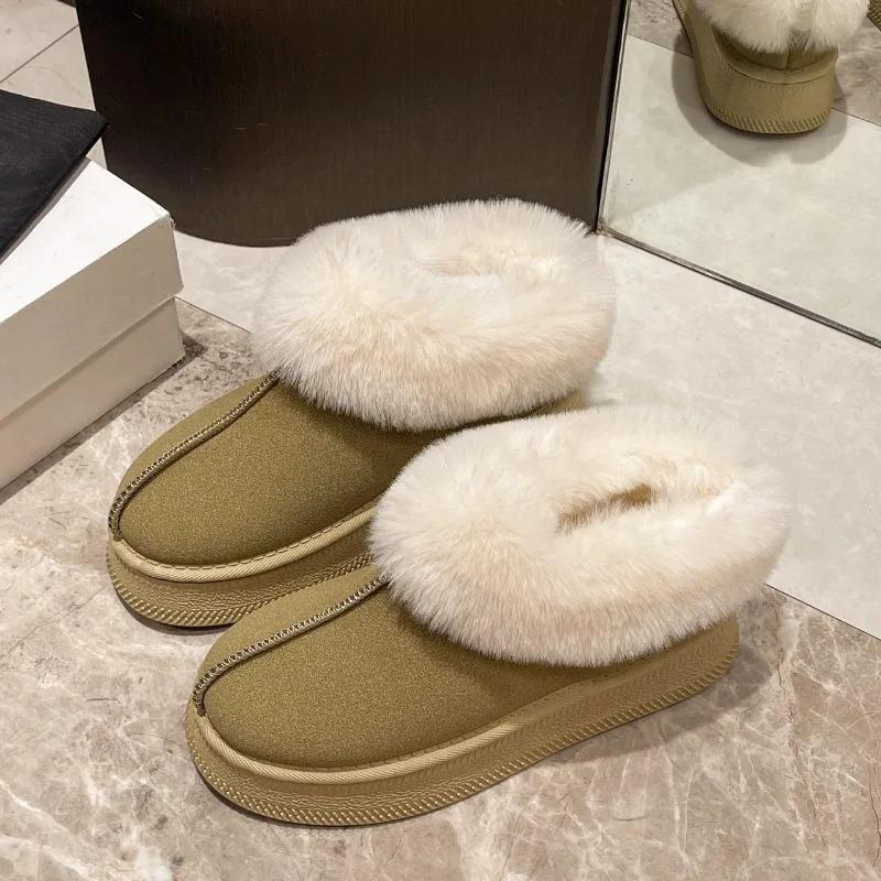 Novas botas de neve femininas da moda 2024, térmicas, forradas com pelúcia, peludas, versáteis, de camurça, cano baixo, bico redondo, quentes, botas escolares de inverno