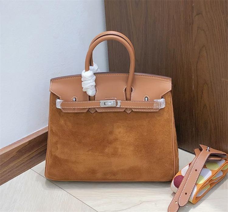 Retro hand-sewn, first layer swift cowhide suede BK25/30cm genuine leather handbag women's bag