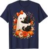 Halloween Cute Ghost Cat Pumpkin Floral Bow Girl Women Unisex T-Shirt