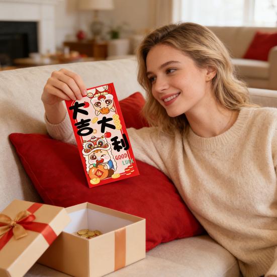 6Pcs Red Envelope Lunar New Year Gift Set with Golden Embossed Horse Patterns Automatic Sealing Design Red Money Envelopes